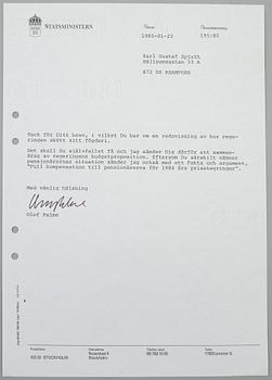 OLOF PALME. 18 hand signed letters dated September 1982-February 1986.