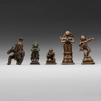 96. A group of five Indian copper alloy figures of hannuman and krisna, 18th Century and older.