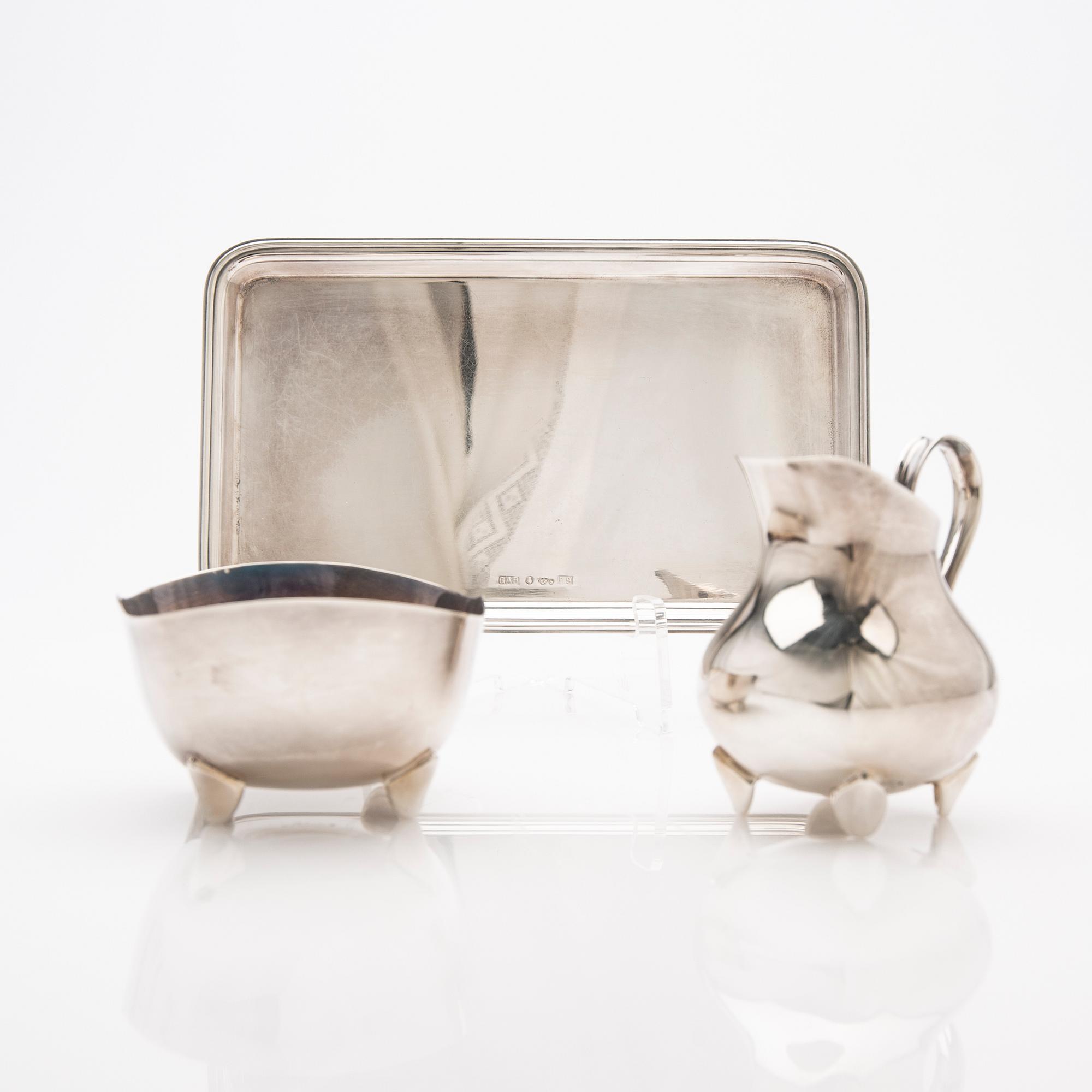 Sugar bowl, cream jug and tray, sterling silver, second half of the 20th century.