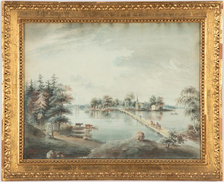 Elias Martin, tillskriven, Insjölandskap med kyrka, kor, figurer och runsten.