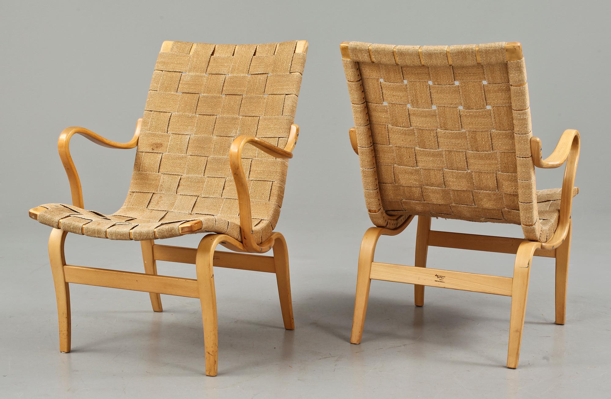 KARMSTOLAR, ett par, "Eva", Bruno Mathsson för firma Karl Mathsson, Värnamo, 1900-talets andra hälft.