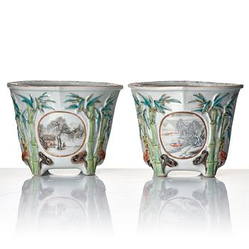 A pair of Chinese famille rose flower pots, 20th Century.