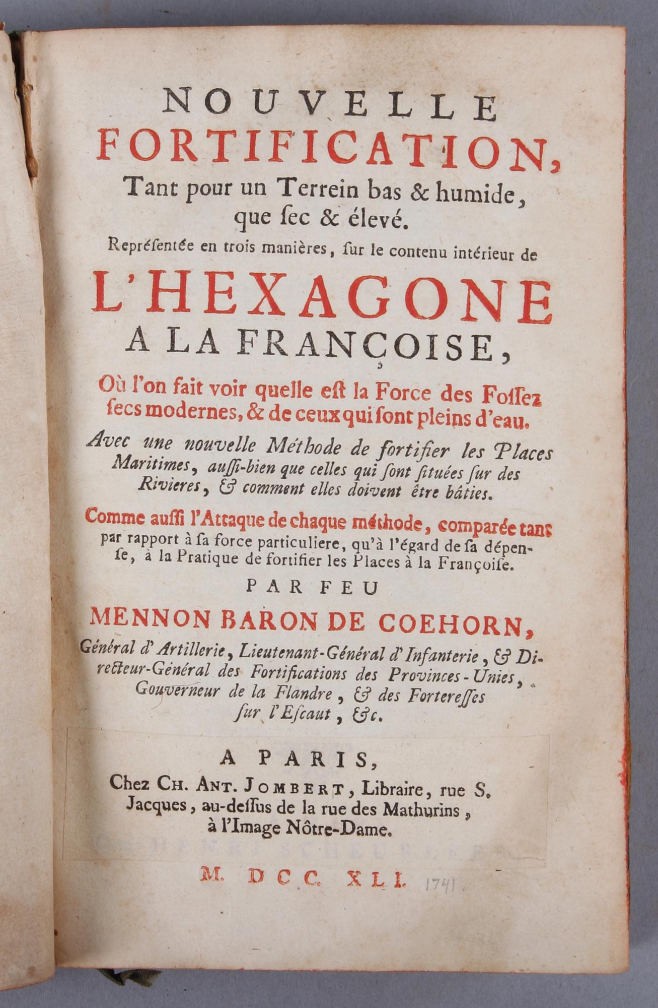 BOK, "Nouvelle Fortification..L´Hexagone..." av Mennon Baron de Coehorn, Paris 1741.