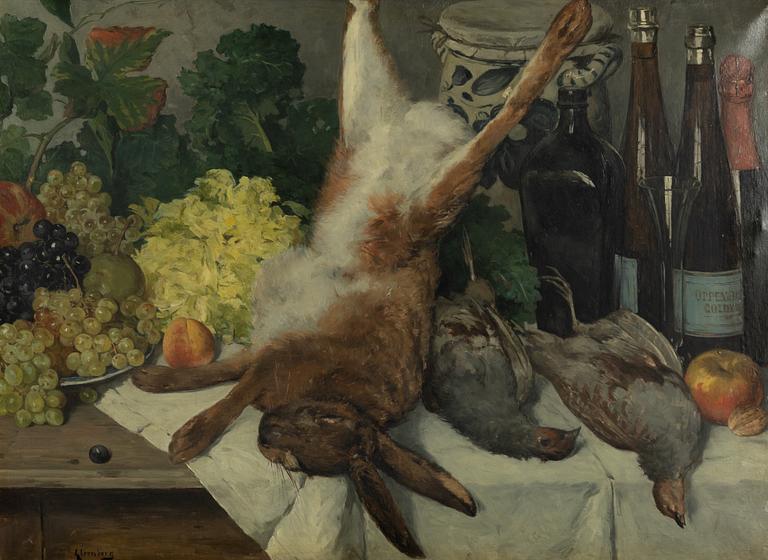 August Jernberg, Still life with a hare, birds, fruits, and bottles.