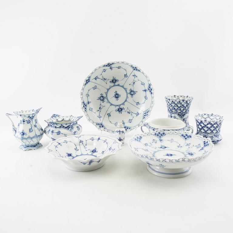 Service pieces 9 pcs "Musselmalet" mostly full lace Royal Copenhagen Denmark 20th century porcelain.