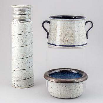 JACKIE LYND, a stoneware vase and two pots, Rörstrand, Sweden.