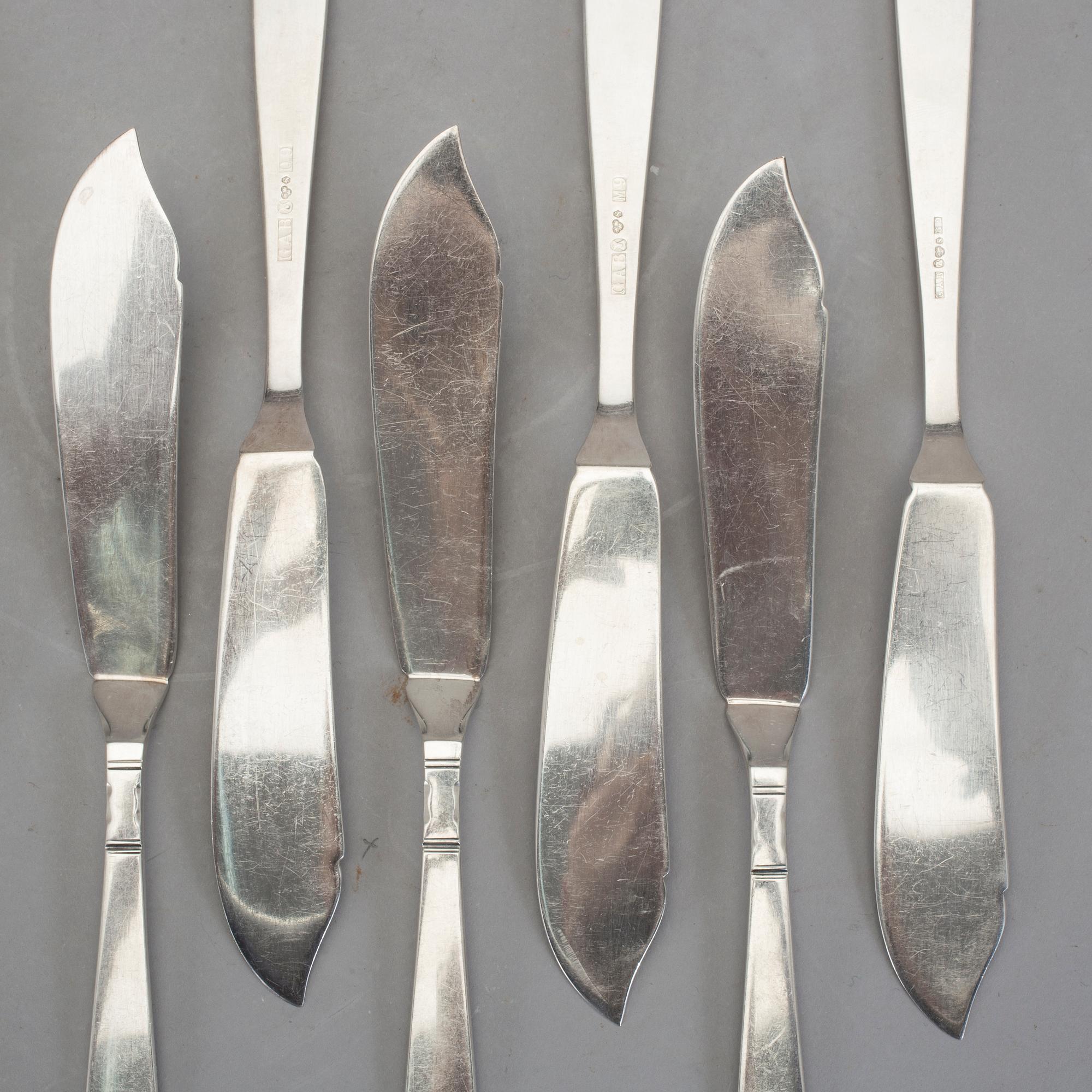 FISKBESTICK, 12 st (6+6), silver, GAB, Stockholm 1956-1964. Total vikt ca 518 g.