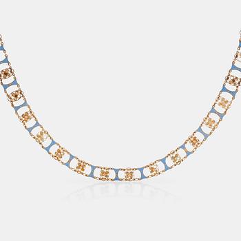 631. A Georgian (Pre-Victorian) parure, consisting of a necklace and two bracelets with light blue enamel and filigree work.