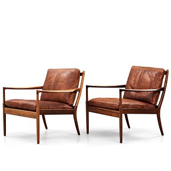 366. Ib Kofod Larsen, a pair of "Samsö" palisander and brown leather easy chairs, Olof Persons Fåtöljindustri (OPE) Sweden 1960's.