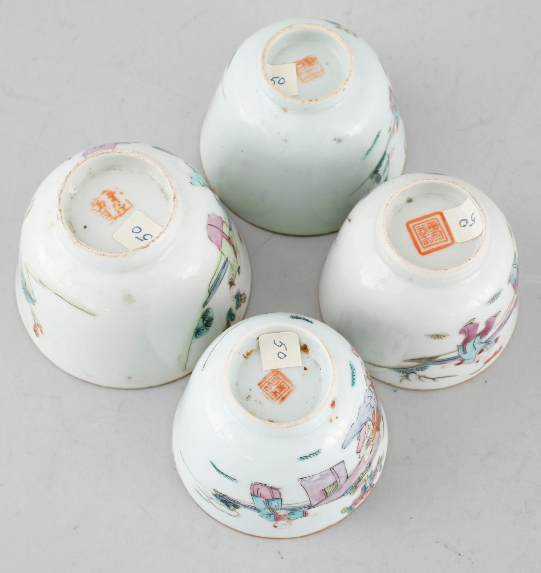 Three polychrome cups with barrels, three cups, one bowl with lid and one plate, Qing dynasty, 18/19th century.