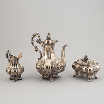 A Swedish matched three-piece coffe-set, mark of Mollenborg, Stockholm 1845 and 1852.