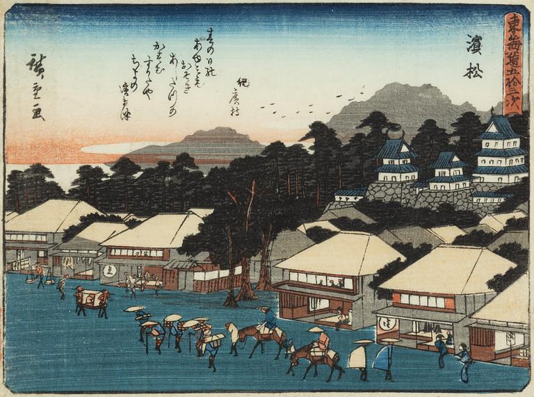 Ando Hiroshige respektive Utagawa II Kunisada, efter, träsnitt, två stycken.