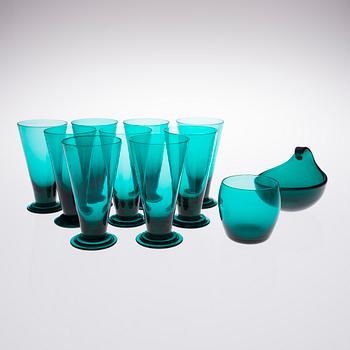 NANNY STILL, BÄGARE, 9 ST, DRYCKESGLAS SAMT SKÅL, glas, Riihimäen Lasi, 1950-60-tal.