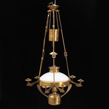 A brass paraffine pendant lamp, late 20th Century.