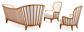 538. A Tom Wolfenstein elm sofa and a pair of armchairs for Ditzingers, Stockholm 1940's.