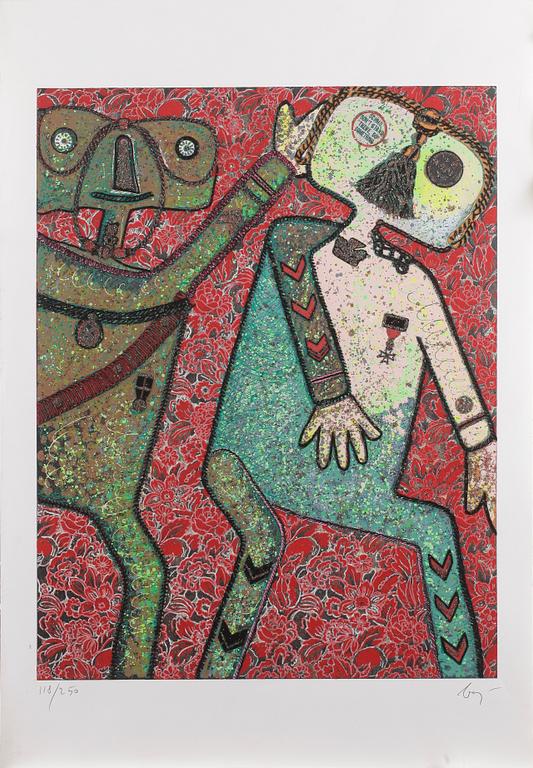 ENRICO BAJ,  Färgserigrafi m applikationer, glitter, collage. Sign Baj o nr 1187250.