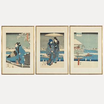 Ando Utagawa Hiroshige, after, a woodblock print triptych, first part of the 20th Century.