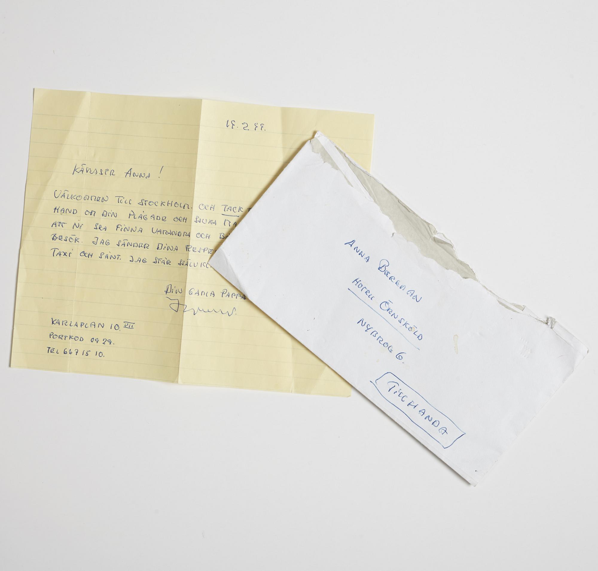 LETTER from Ingmar Bergman to his daughter Anna in Stockholm, dated Karlaplan 10, 19.2.(19)99. Envelope enclosed.