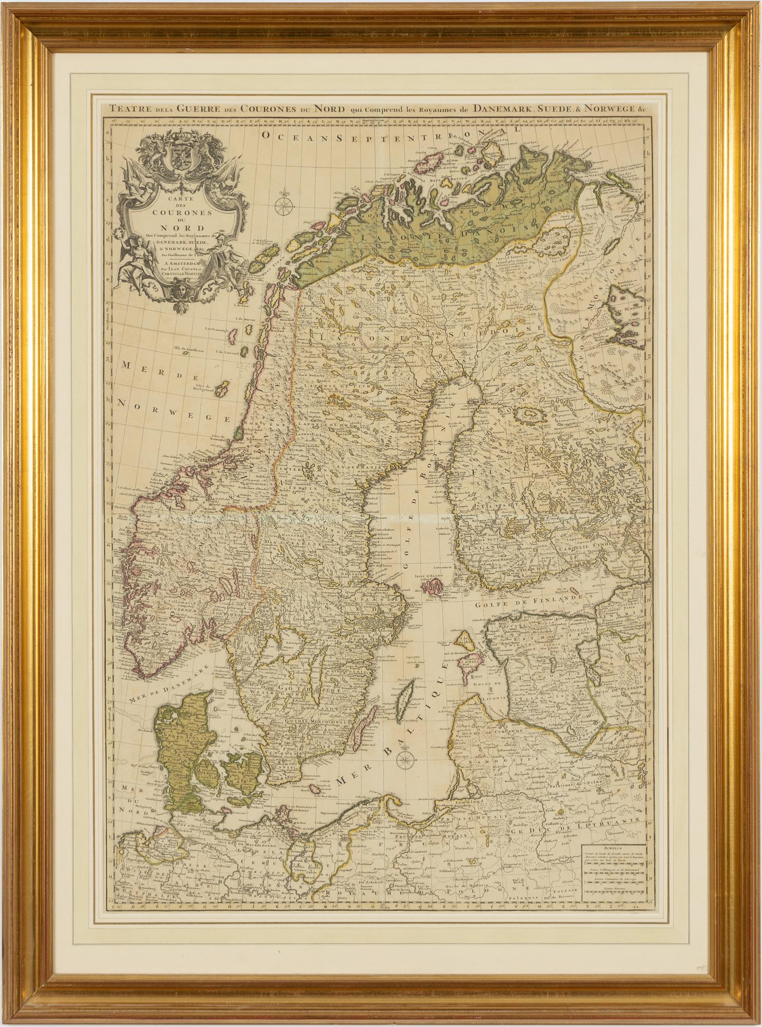 Map Scandinavia, hand-coloured copper engraving, Jean Covens et Corneille Mortier, Amsterdam, Netherlands, 18th Century.