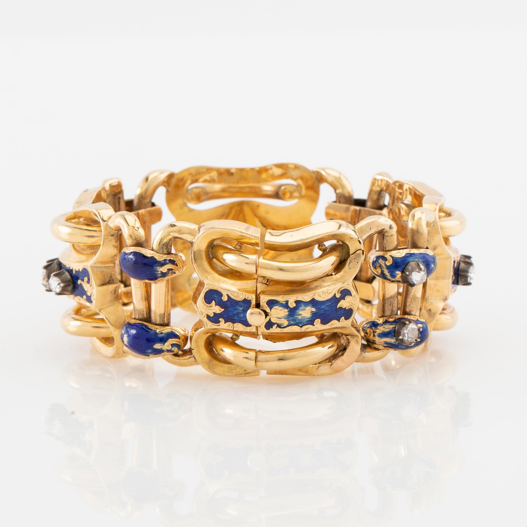 Armband 18K guld med emalj och rosenslipade diamanter, sannolikt Gustaf Adolf Cedergren Stockholm 1849.