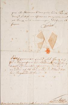 A letter from the swedish king Karl XII, signed Carolus and dated 1718.