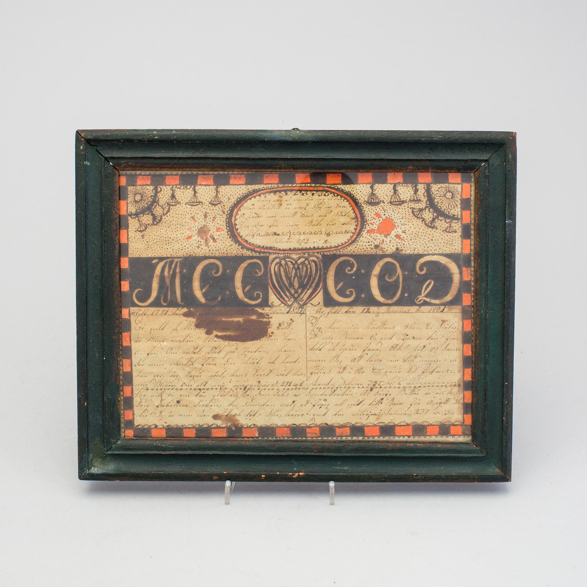 A pair of 19th century folk art brides mittens and a congratulation picture.