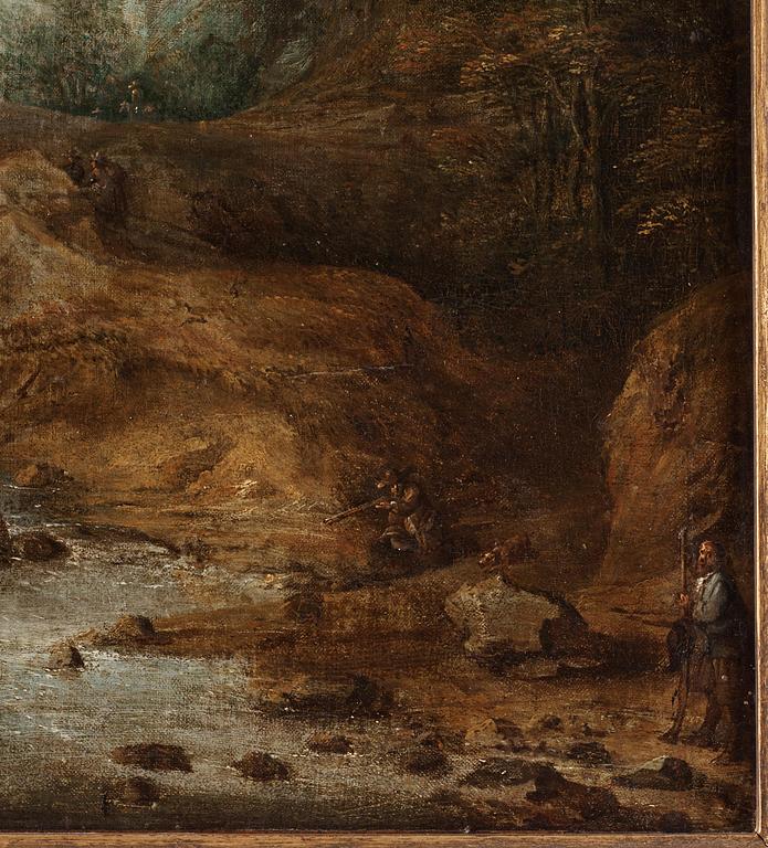 Frans de Momper, circle of, Mountainous river landscape with hunters.