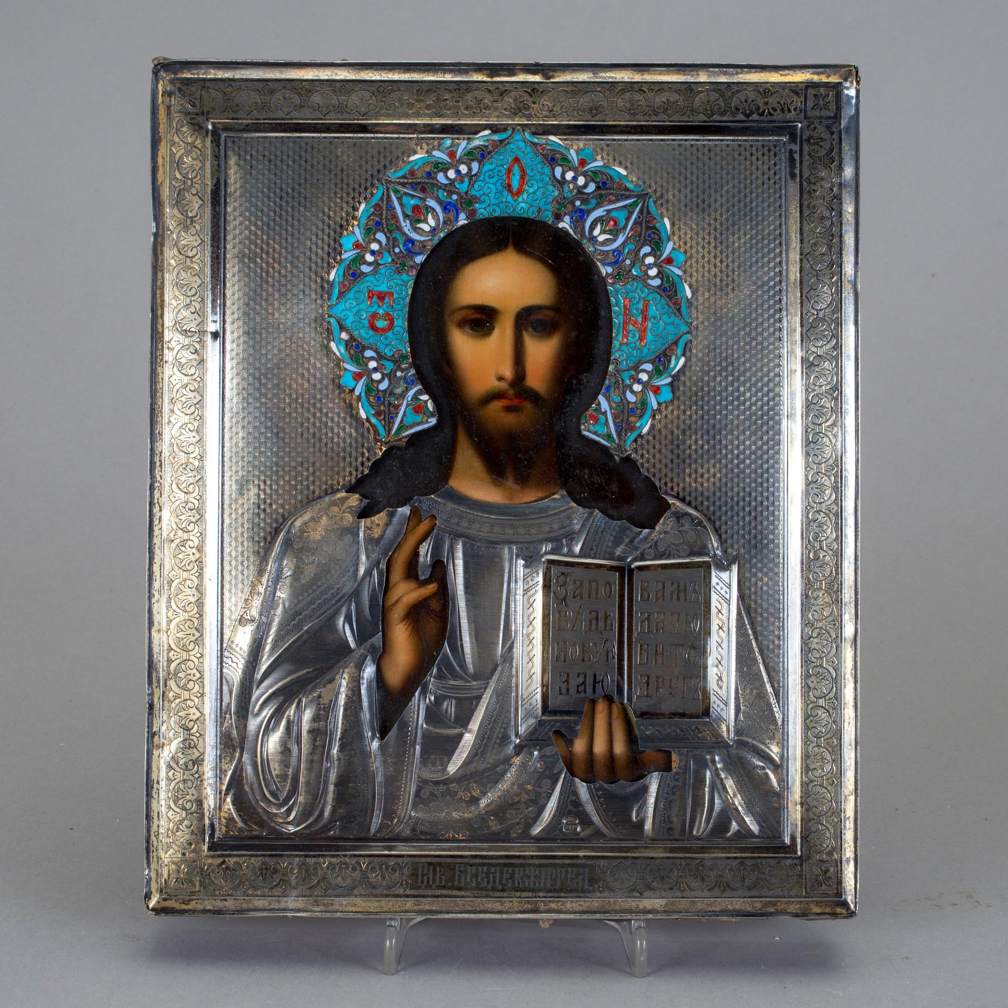IKON med silverinfattning delvis förgylld, icke identifierad mästare, stämplad "M.H", Ryssland, 1896 - 1908.