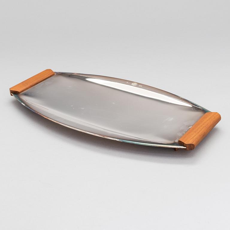 TAPIO WIRKKALA, A 1960s tray in new silver with teak handles, TW 225, marked TW. Hopeakeskus, Finland.