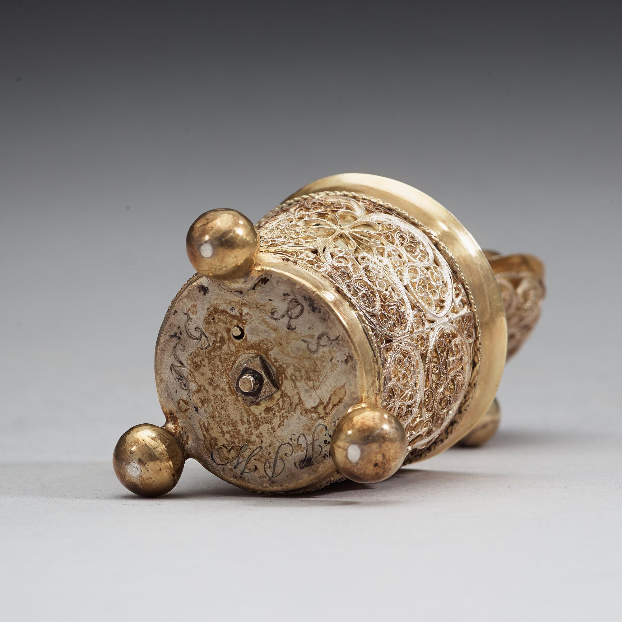 A Swedish 17th century parcel-gilt filigree-beaker and cover, unmarked.
