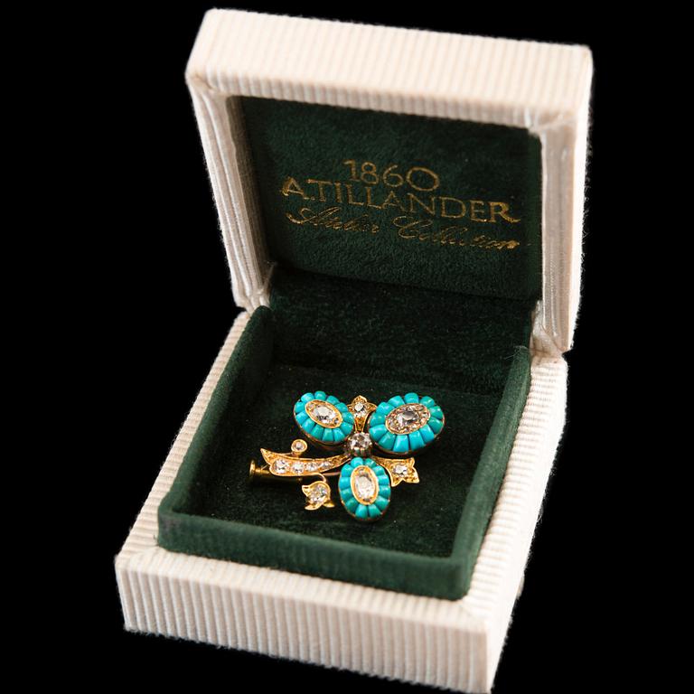 BROSCH, 18K guld, antikslipade diamanter ca 1,20 ct, turkoser.  Mellaneuropa 18/1900-tal. Vikt 7 g.