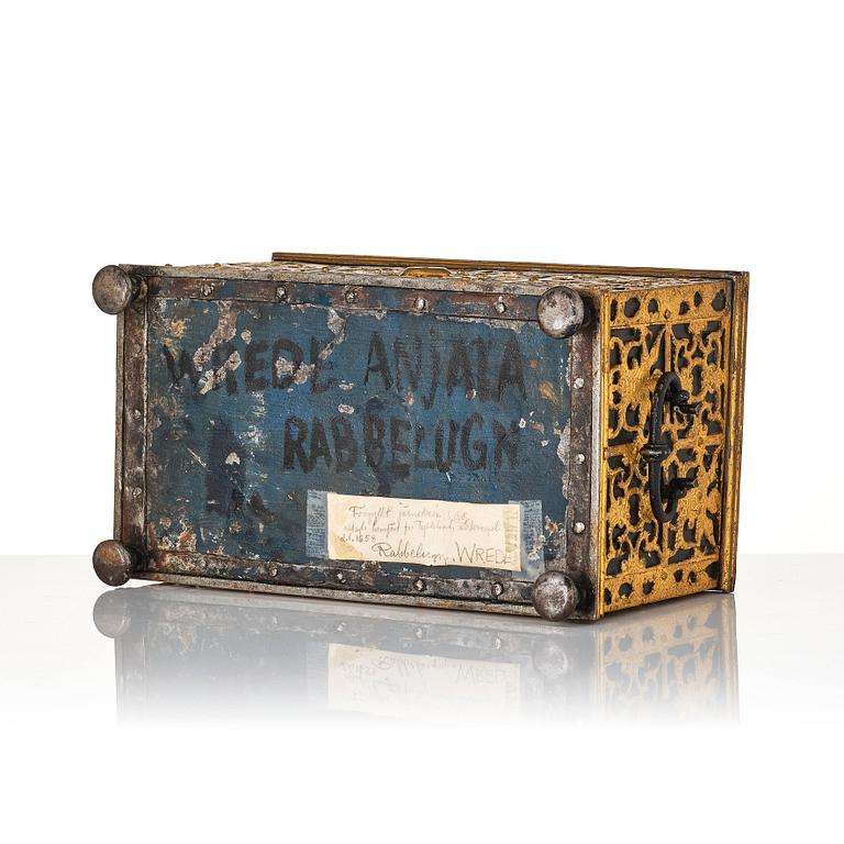 The Wrangel strongbox, a German wrought iron and steel engraved strongbox dated 1658.