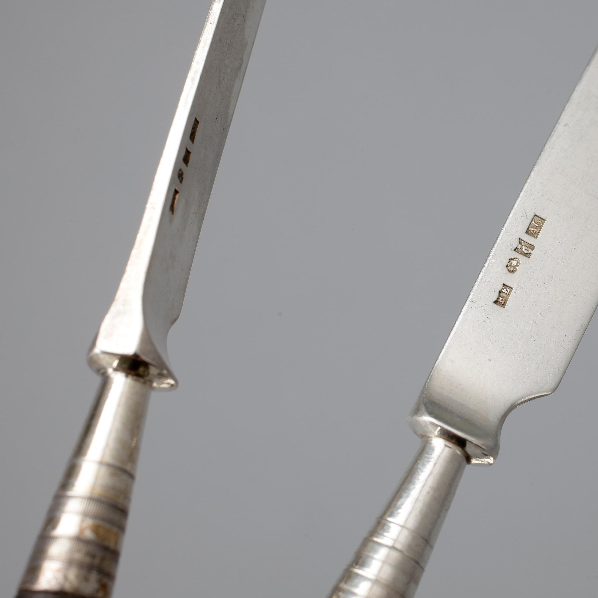 PARTI SILVER, 7 delar, silver, bland annat Juvelerare Birger Eriksson, Göteborg, 1879.