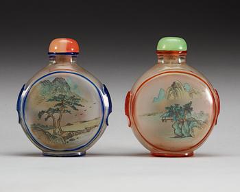 Two inside-painted glass snuff bottles, unsigned.