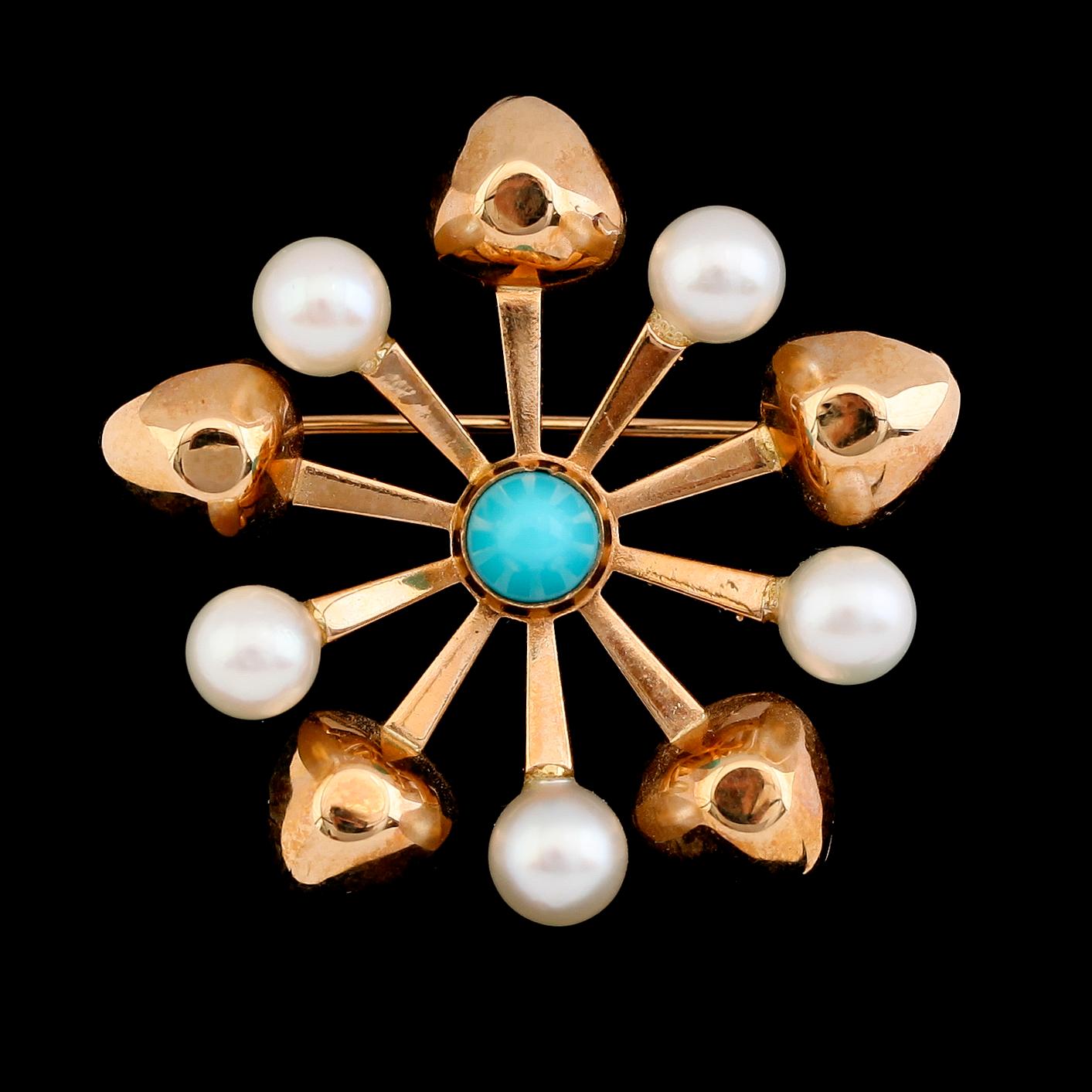 BROSCH, 18 k guld, pärlor och blå sten, Alton 1966. Total vikt 4 g.