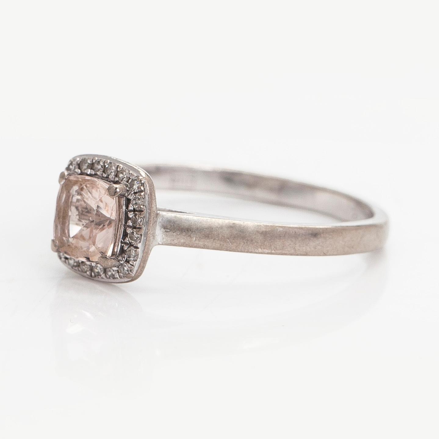 Ring, faceted morganite, octagon-cut diamonds, 18K white gold.