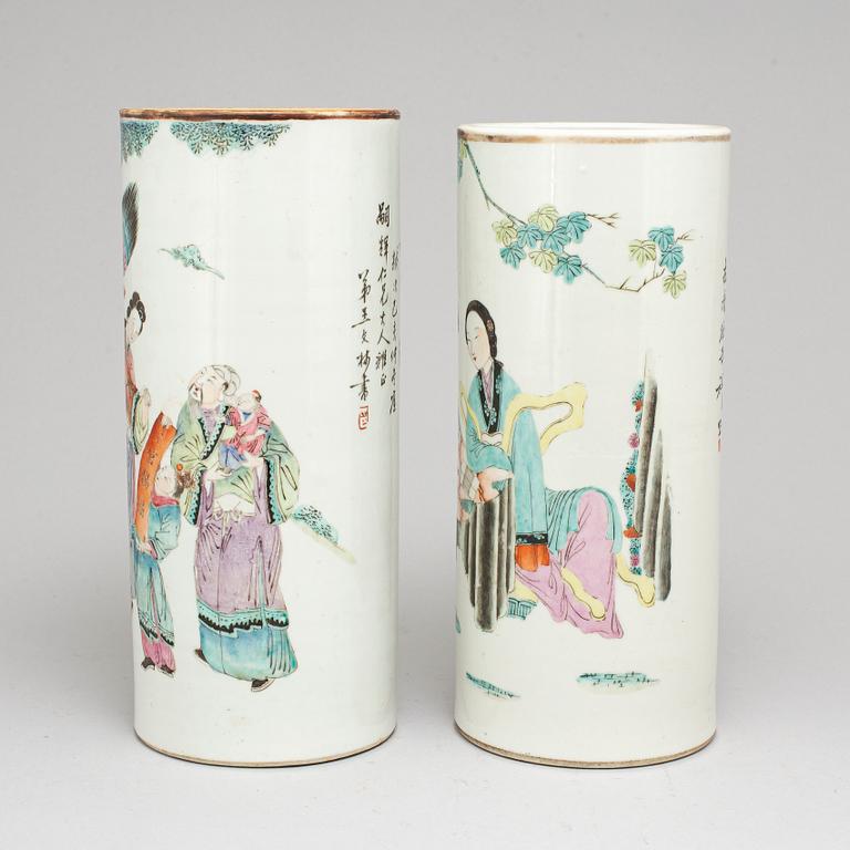 Two Chinese famille rose porcelain hat stands, early 20th century.