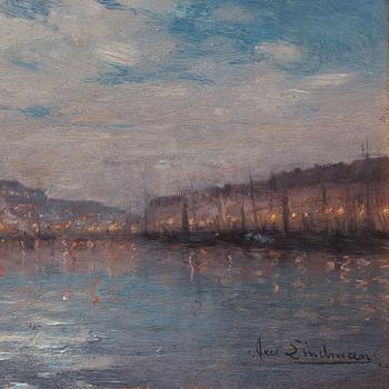 Axel Lindman, Södermalm and Skeppsbron in moonlight.