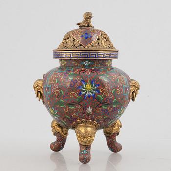 A Chinese cloisonné tripod censer, late Qing dynasty.