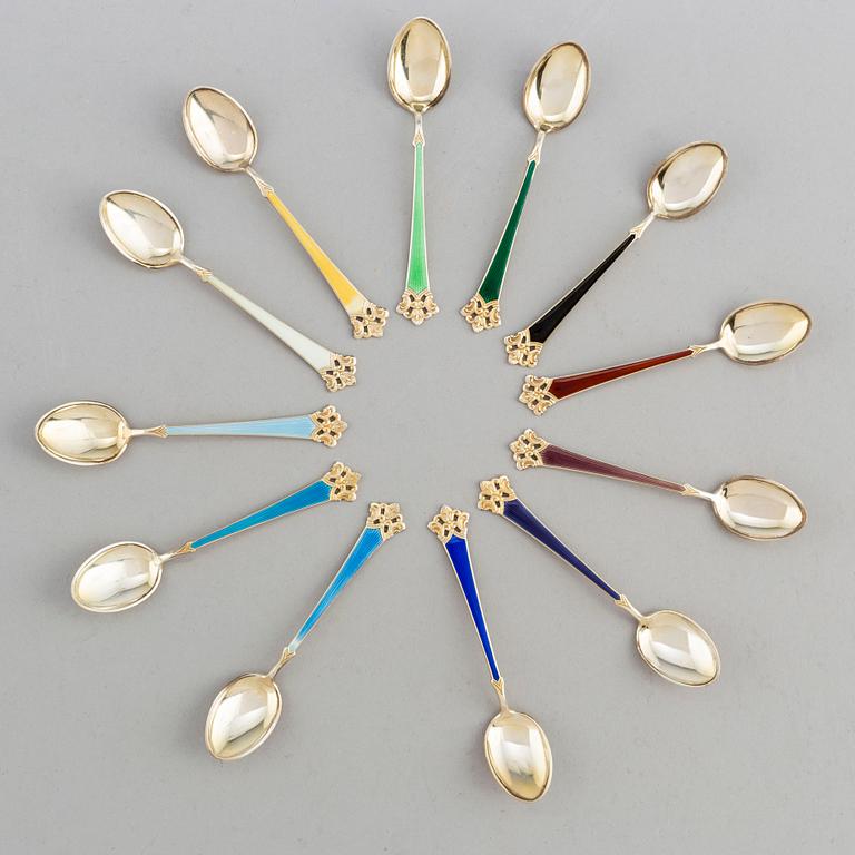 Twelve sterling silver and enamelled spoons, Norway.