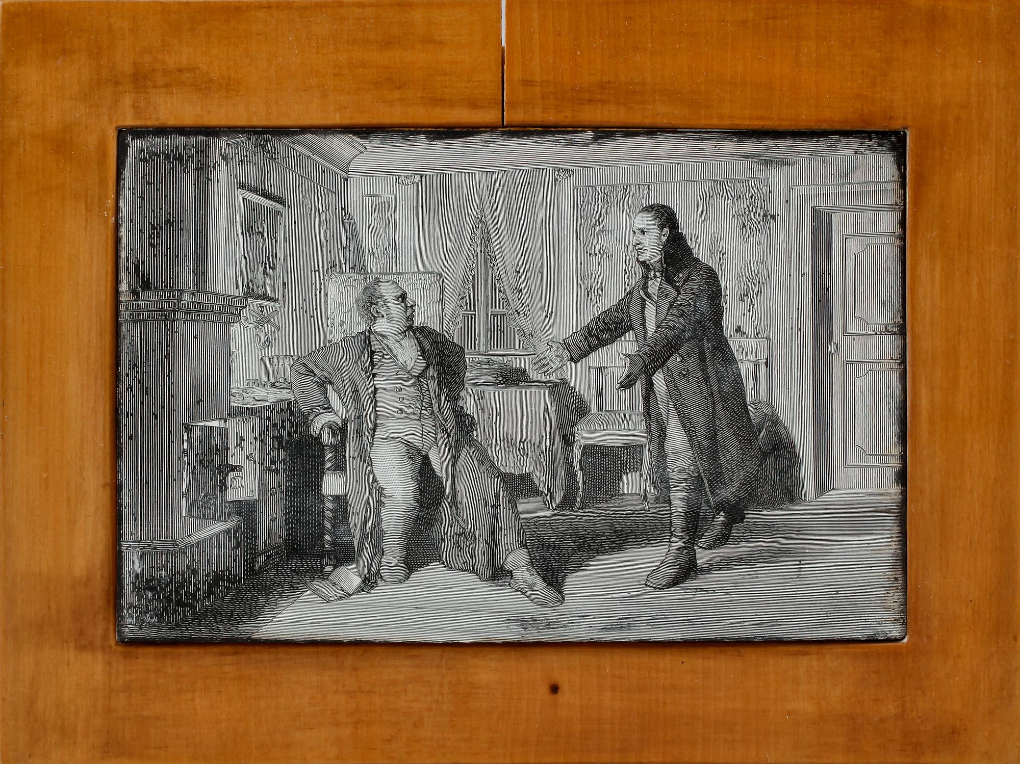 MINIATYRER, 2 st, tryck på gips, 1800-tal.