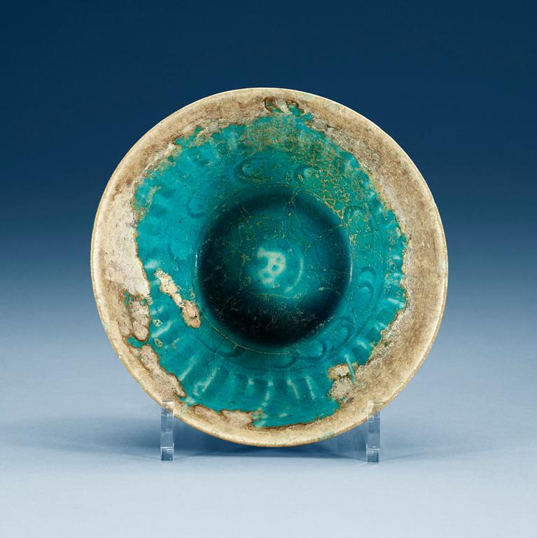 BOWL, pottery. Turquoise glaze. Persia 13th century, probably Kashan.