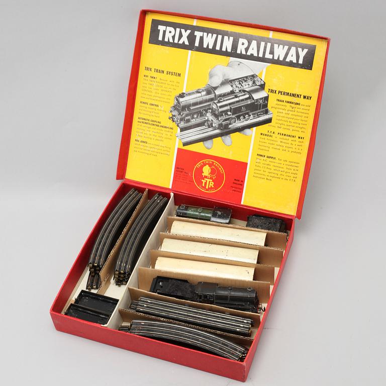 A set of model trains from Trix Twin Railway in England, around the mid 20th century.