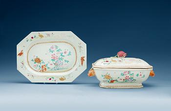 1445. A famille rose tureen with cover and serving dish, Qing dynasty, Qianlong (1736-95).