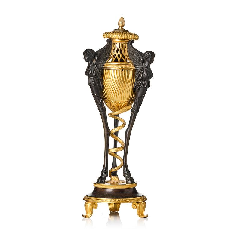 A French gilt and patinated bronze Empire-style brûle-parfum, later part 19th century.