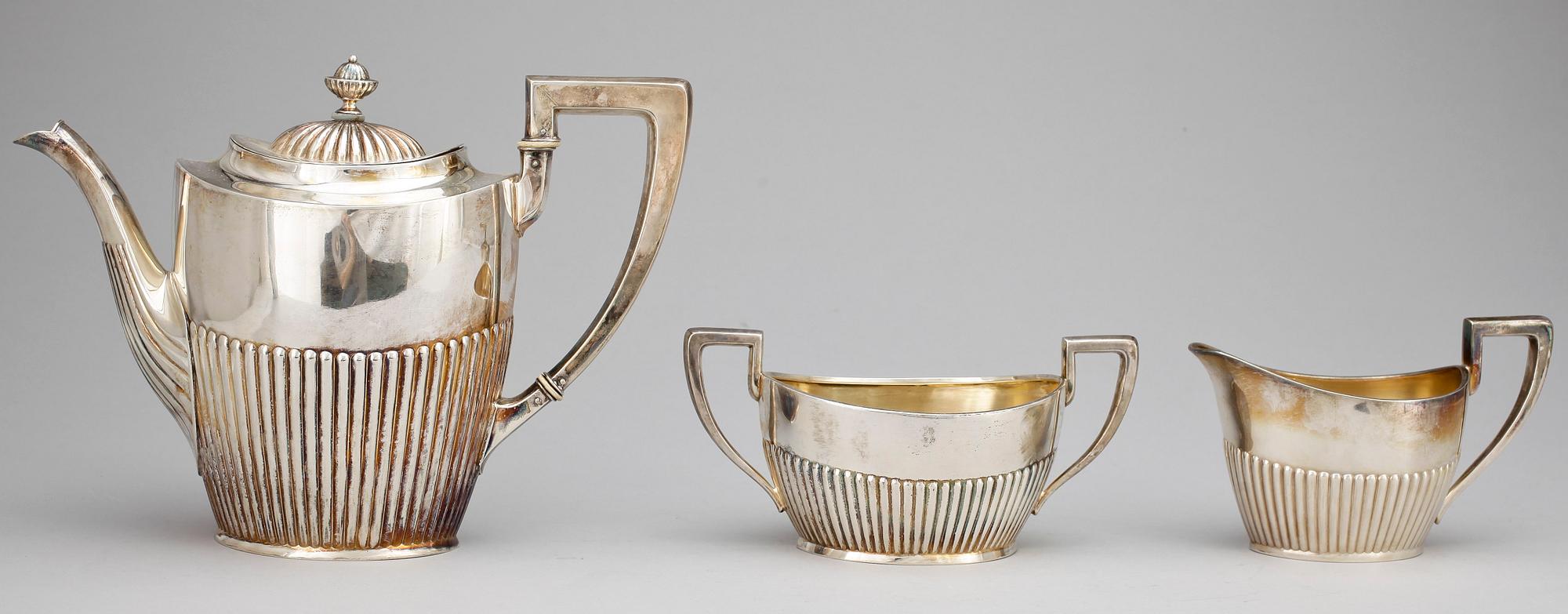KAFFESERVIS, 3 delar, silver, empirestil, Svedboms, Vetlanda, 1918. Totalvikt ca 934g.