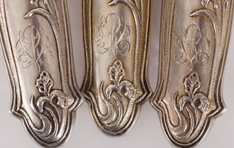 SERVERINGSBESTICK, 3 delar, silver och delvis förgyllda, Frankrike ca 1900.