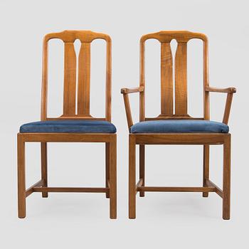 Carl Malmsten, 2 karmituolia sekä 6 tuolia, "Amabssadör", Åfors Möbelfabrik, 1900-luvun loppu.