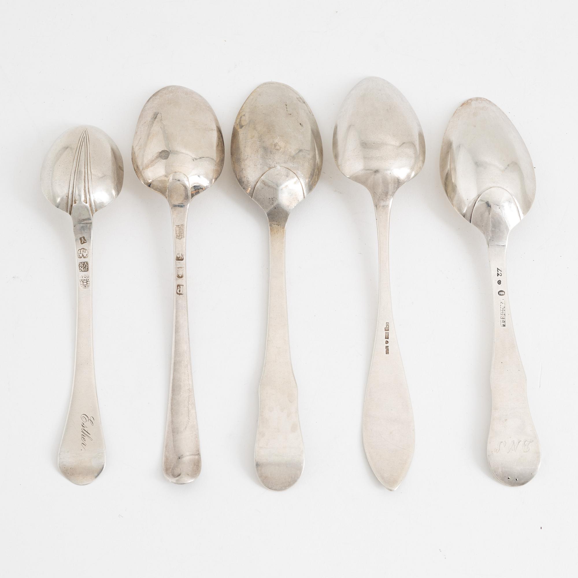 Skedar, 5 st, silver, bland annat Lars Biugg, Jönköping 1782.