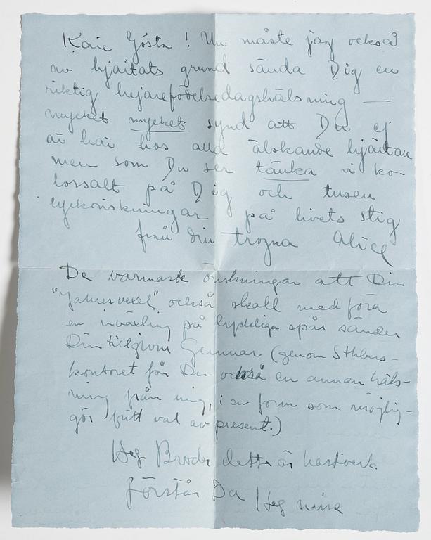 LETTER from the Wedel and Liepe families to GAN (Gösta Adrian-Nilsson) in Stockholm, dated Malmö 1 april 1935.